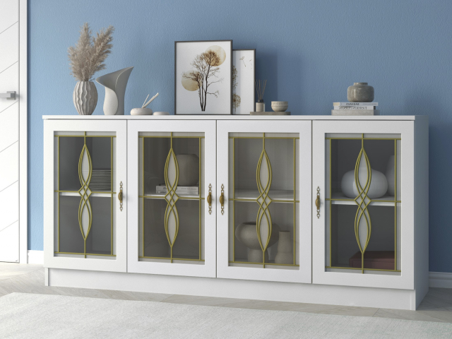 Комод "Квартет 43СтВ", ЛДСП, рамка МДФ, вставка стекло витраж, белый