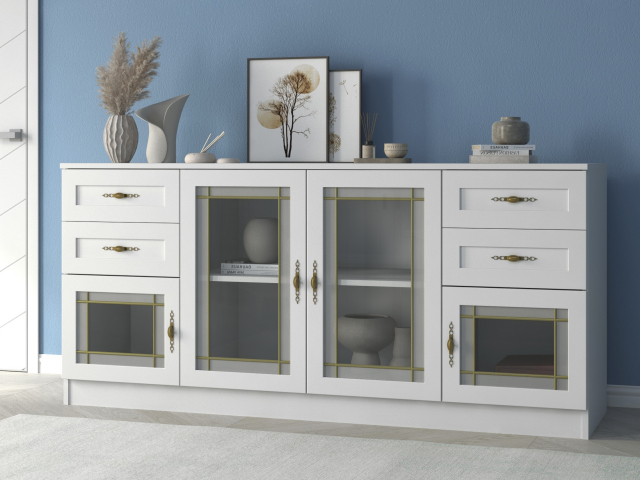 Комод "Квартет 44СтВ", ЛДСП, рамка МДФ, вставка стекло витраж, белый