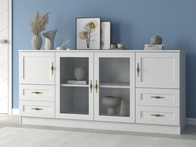 Комод "Квартет 45МСт", ЛДСП, рамка МДФ, вставка стекло простое, белый