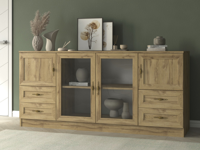 Комод "Квартет 45МСт", ЛДСП, рамка МДФ, вставка стекло простое, дуб вотан