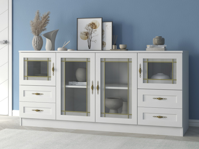 Комод "Квартет 45СтВ", ЛДСП, рамка МДФ, вставка стекло витраж, белый