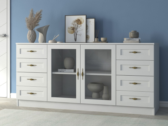 Комод "Квартет 46МСт", ЛДСП, рамка МДФ, вставка стекло простое, белый