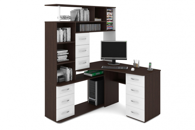 Стол "СКУ-5"  МДФ, венге цаво/белый, надстройка слева, рамка квадро