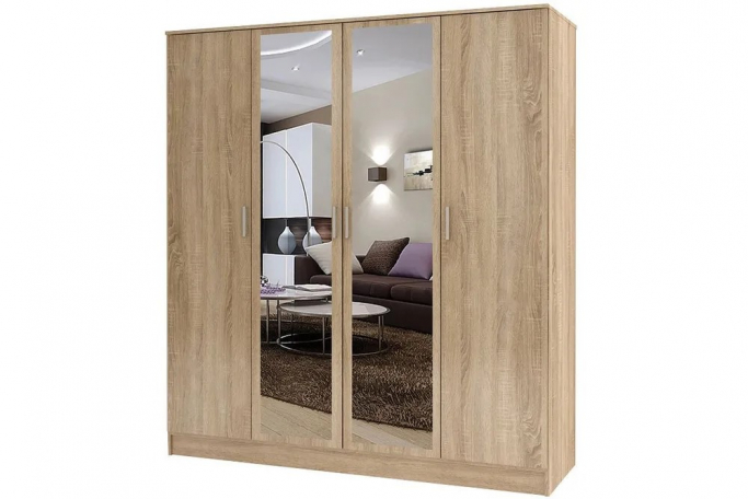 Шкаф распашной "Лайт" 4-х створчатый 2 зеркала, дуб сонома, 190х60x220
