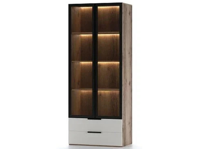 Шкаф двухдверный со стеклянными дверками "Харди", дуб Делано темный/МДФ белоснежный 