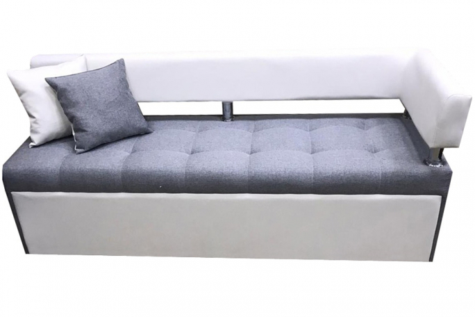 Диван-кровать кухонный "Дельфин" правый подлокотник, белая экокожа и серая рогожка, 160x62х80
