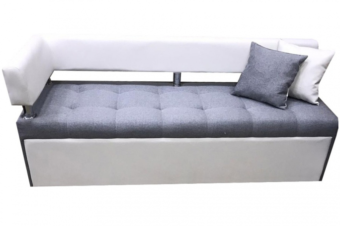 Диван-кровать кухонный "Дельфин" левый подлокотник, белая экокожа и серая рогожка, 200x62х80