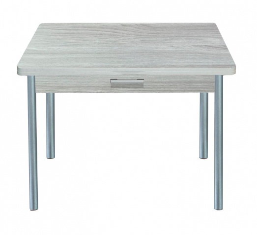 Стол обеденный "Симпл" раскладной с ящиком, ясень шимо светлый/опора №2 круглая серебристый металлик