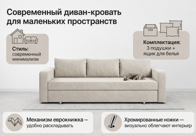 Диван-кровать "Вектор" бежевый велюр Кабрио 02